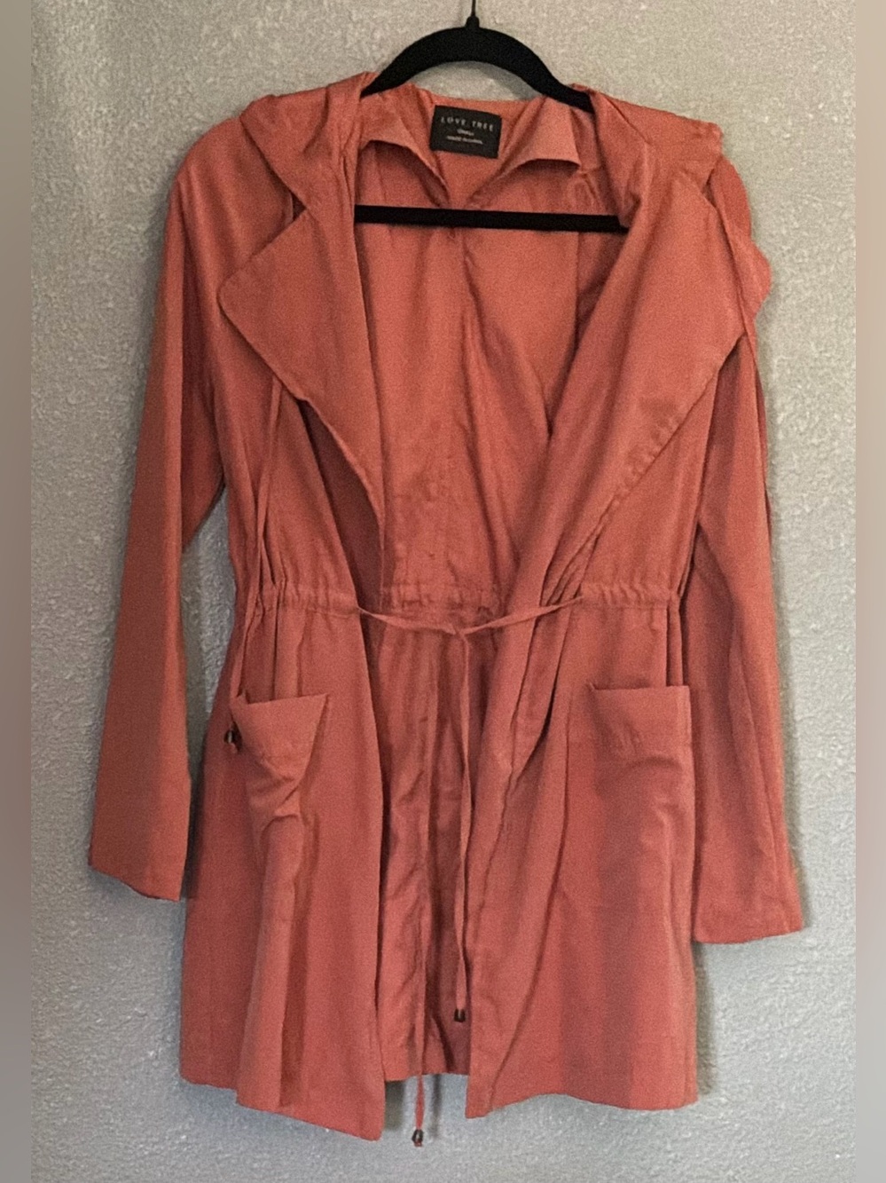 Love Tree Coral Rust Hooded Drawstring Trench Coat